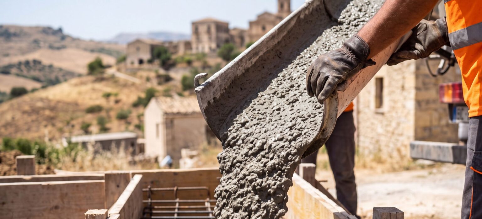 Getto di calcestruzzo preconfezionato in un cantiere a Mussomeli, con un borgo dell'entroterra siciliano sullo sfondo