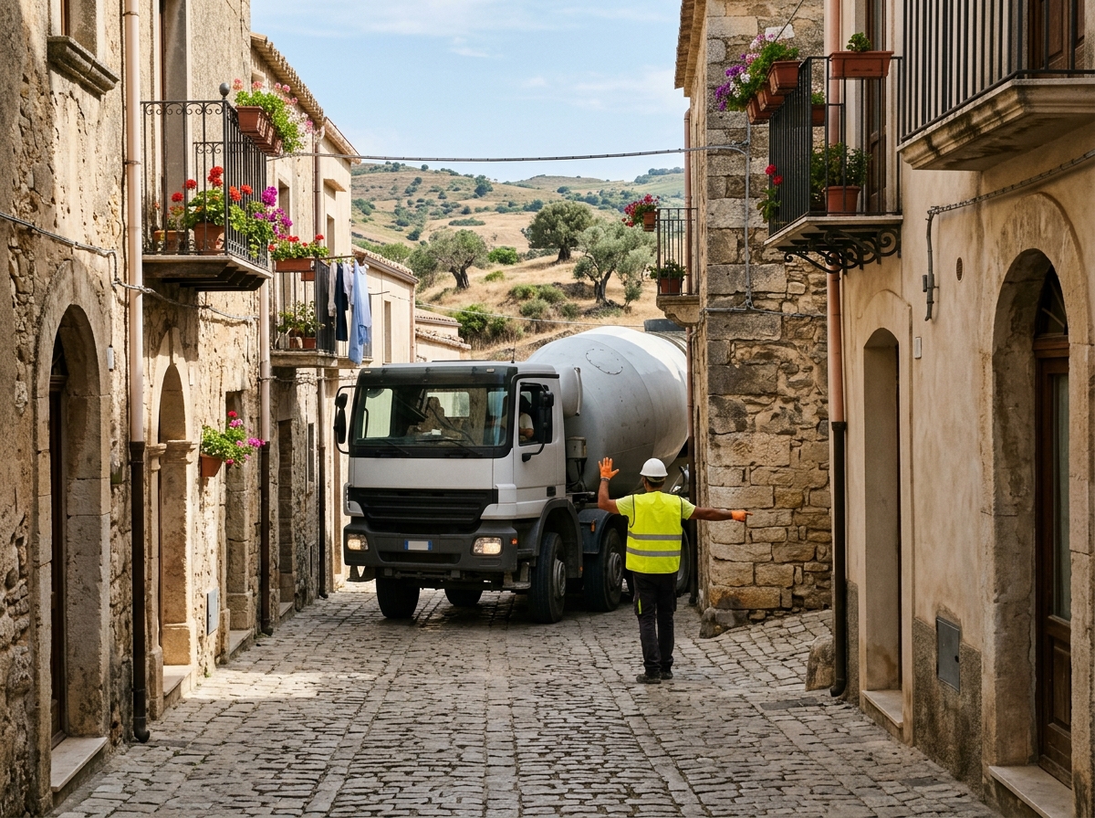 Autobetoniera che manovra in una strada lastricata e stretta di un paese siciliano, guidata da un operaio con gilet ad alta visibilità.