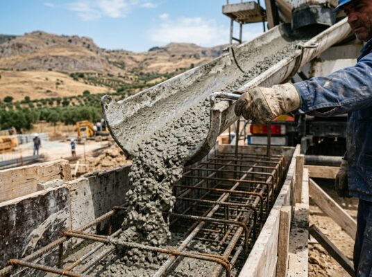 Getto di calcestruzzo preconfezionato dalla canala di un'autobetoniera nelle armature di una fondazione, in un cantiere nell'entroterra siciliano vicino a Mussomeli.