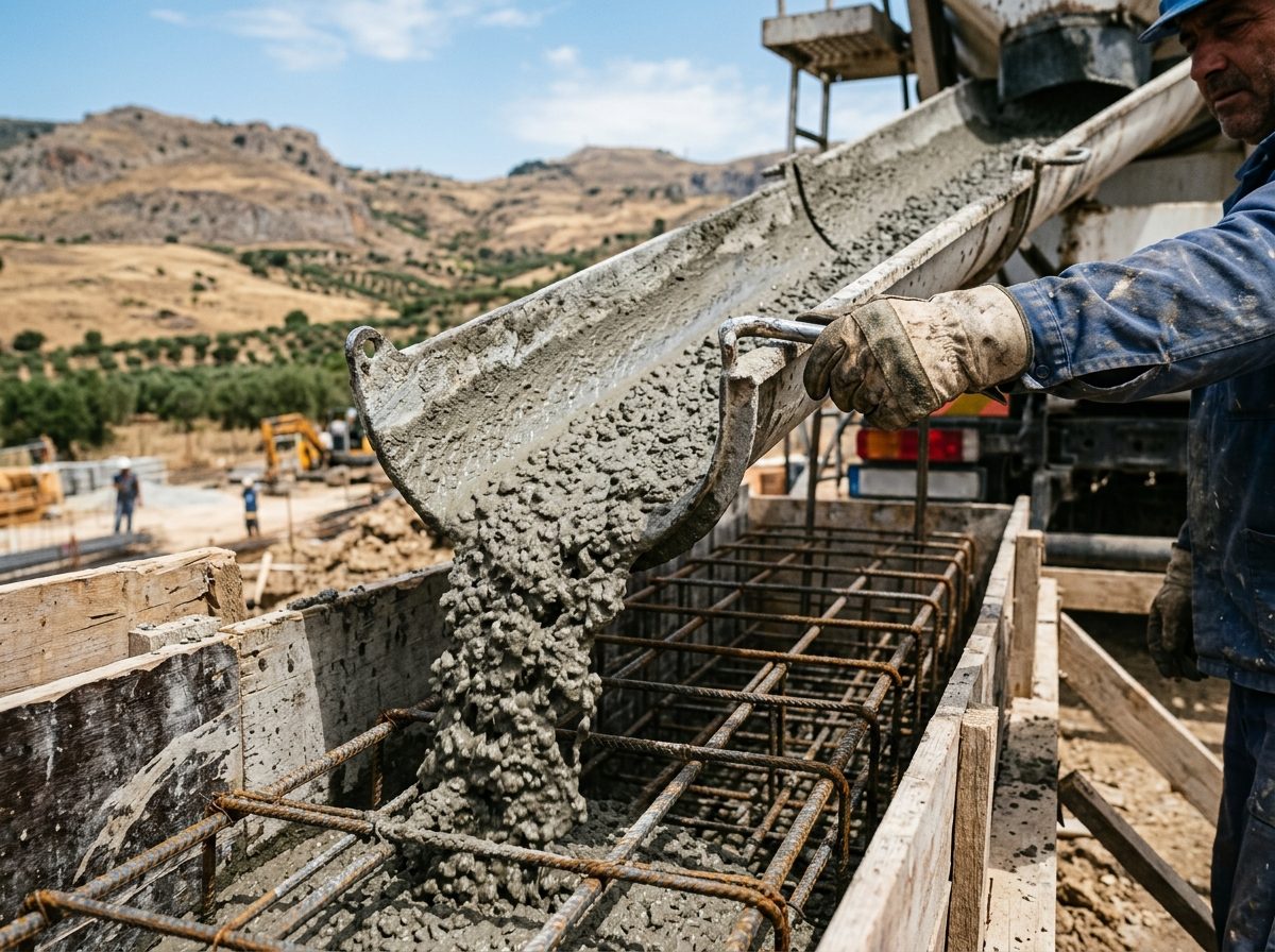 Getto di calcestruzzo preconfezionato dalla canala di un'autobetoniera nelle armature di una fondazione, in un cantiere nell'entroterra siciliano vicino a Mussomeli.