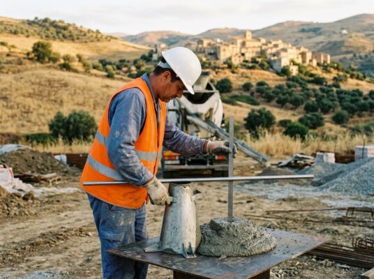 Tecnico in cantiere misura l'abbassamento del calcestruzzo fresco dopo aver sollevato il cono di Abrams, con l'autobetoniera e un paese dell'entroterra siciliano sullo sfondo.