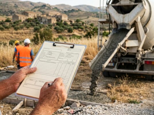 Tecnico che controlla il documento di trasporto del calcestruzzo mentre l'autobetoniera scarica dalla canala in un cantiere in Sicilia.