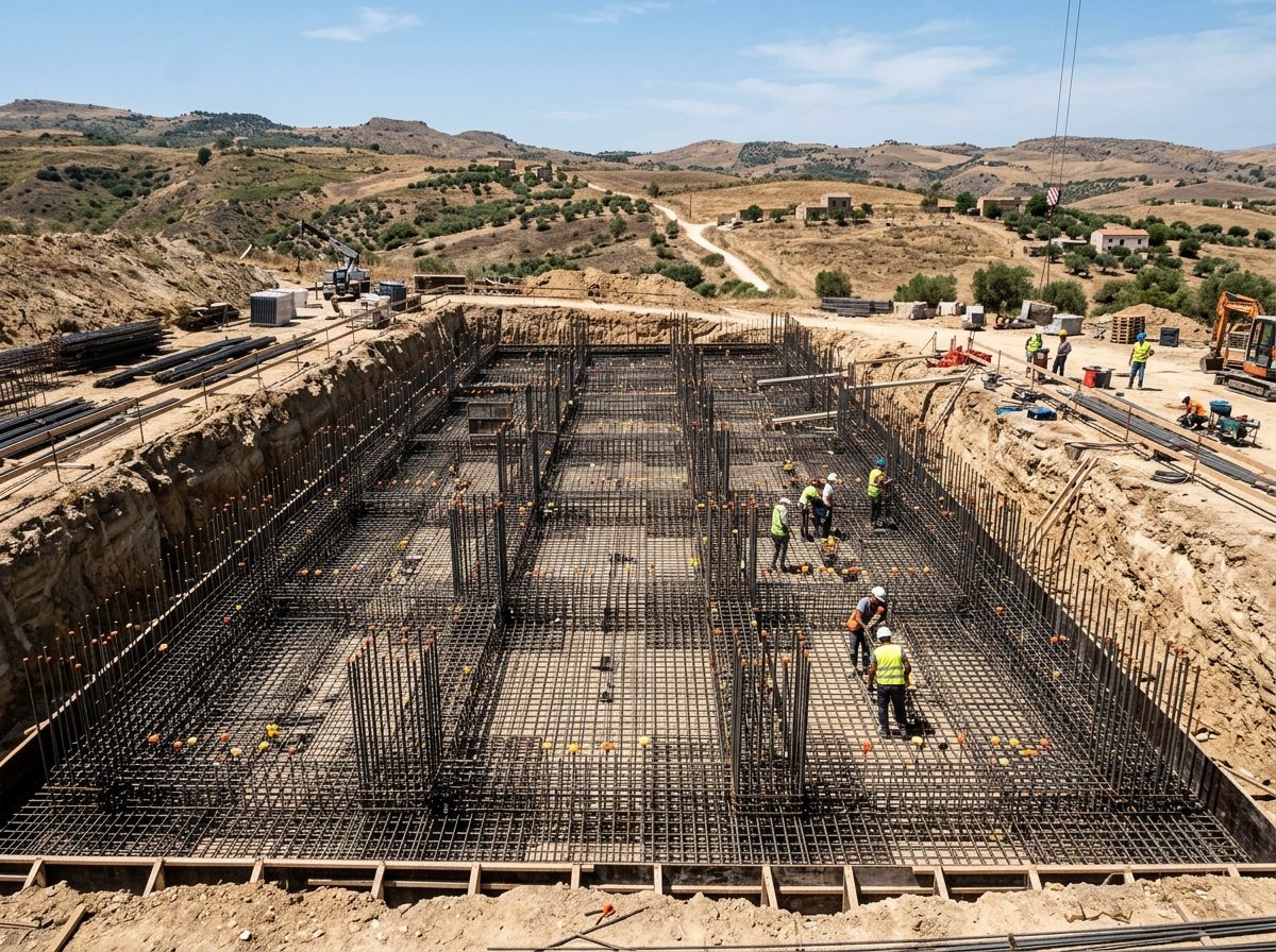 Armature di una platea di fondazione in cemento armato pronte per il getto, in uno scavo nell'entroterra siciliano, zona sismica.
