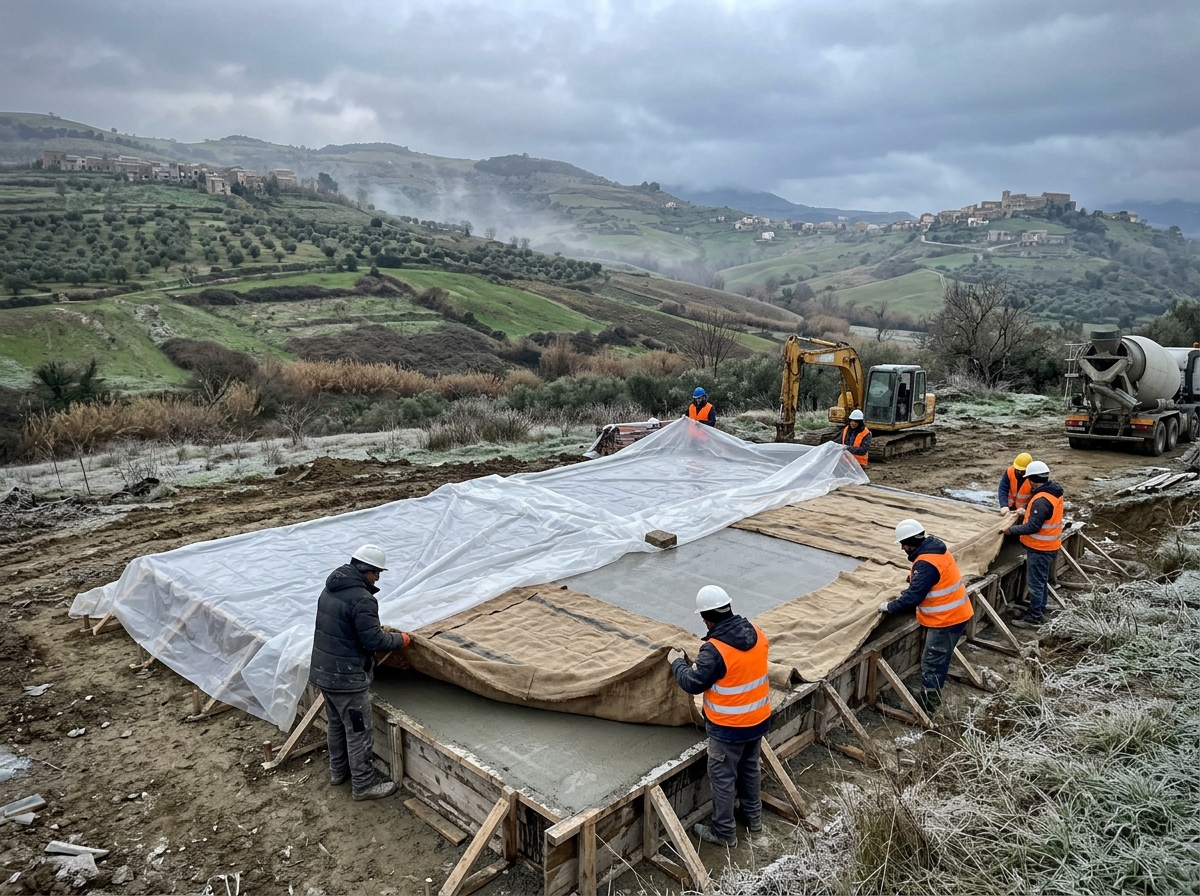 Operai coprono con teli e tessuti una platea di calcestruzzo appena gettata, con la brina sull'erba e il cielo coperto sulle colline dell'entroterra siciliano.