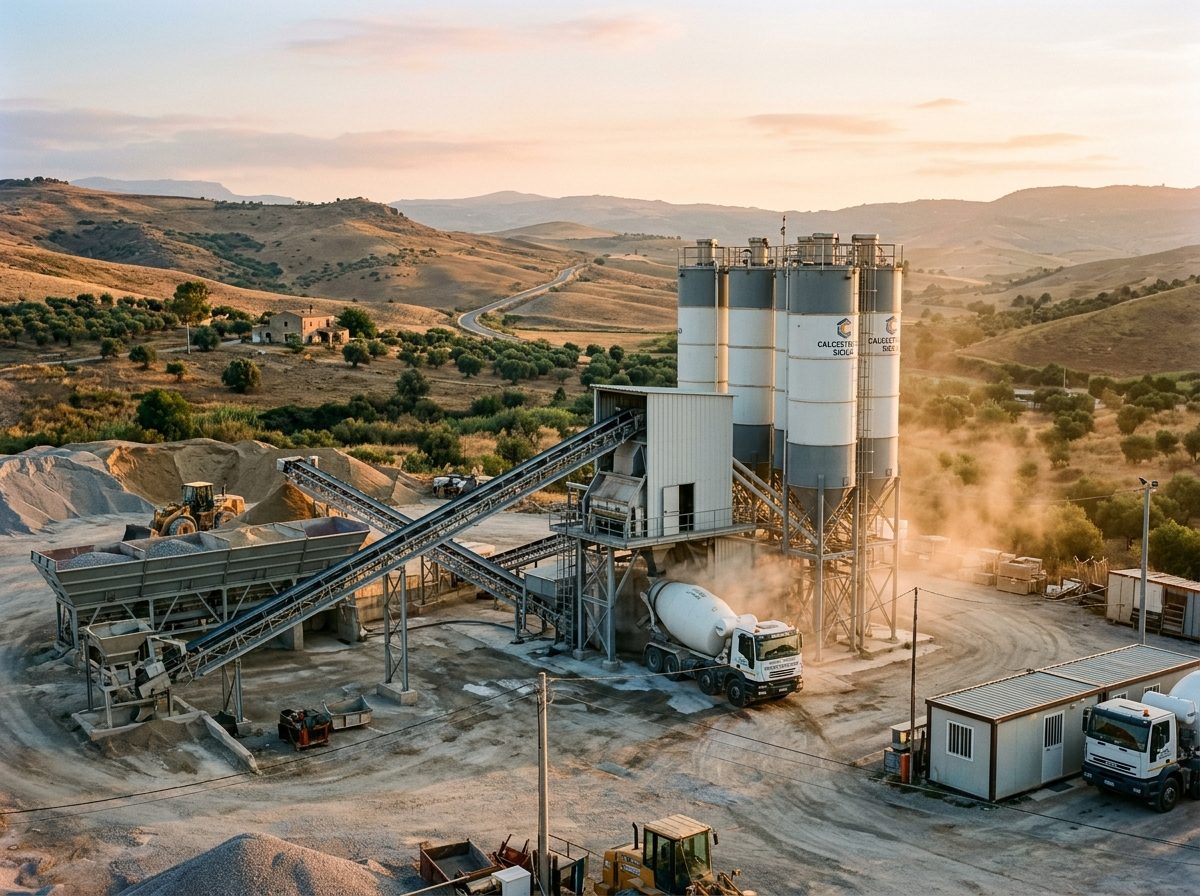Impianto di betonaggio per calcestruzzo preconfezionato con silos di cemento e autobetoniera in carico, in una valle dell'entroterra siciliano.