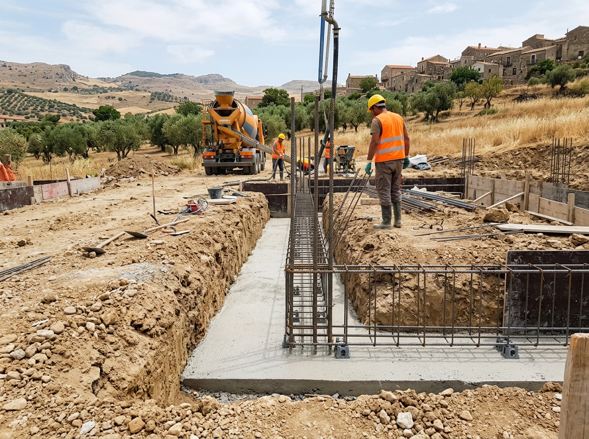 Strato di magrone sul fondo dello scavo di fondazione con le gabbie di armatura posate sui distanziatori, pronte per il getto del calcestruzzo strutturale.