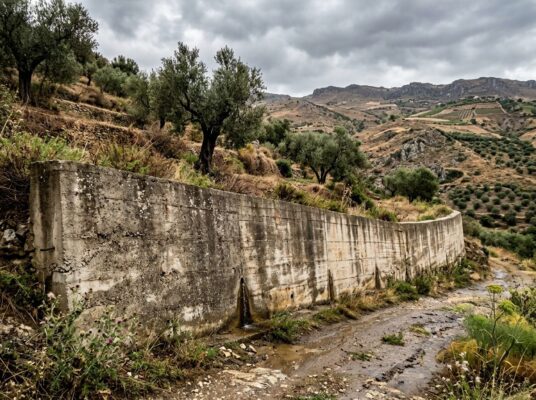 Muro di contenimento in calcestruzzo armato esposto a pioggia e sole tra gli ulivi dell'entroterra siciliano: un esempio di classe di esposizione.
