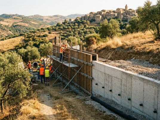 Muro di contenimento in cemento armato in costruzione su un terreno in pendenza tra gli ulivi, con casseri, barbacani e materiale drenante, sotto un paese dell'entroterra siciliano.