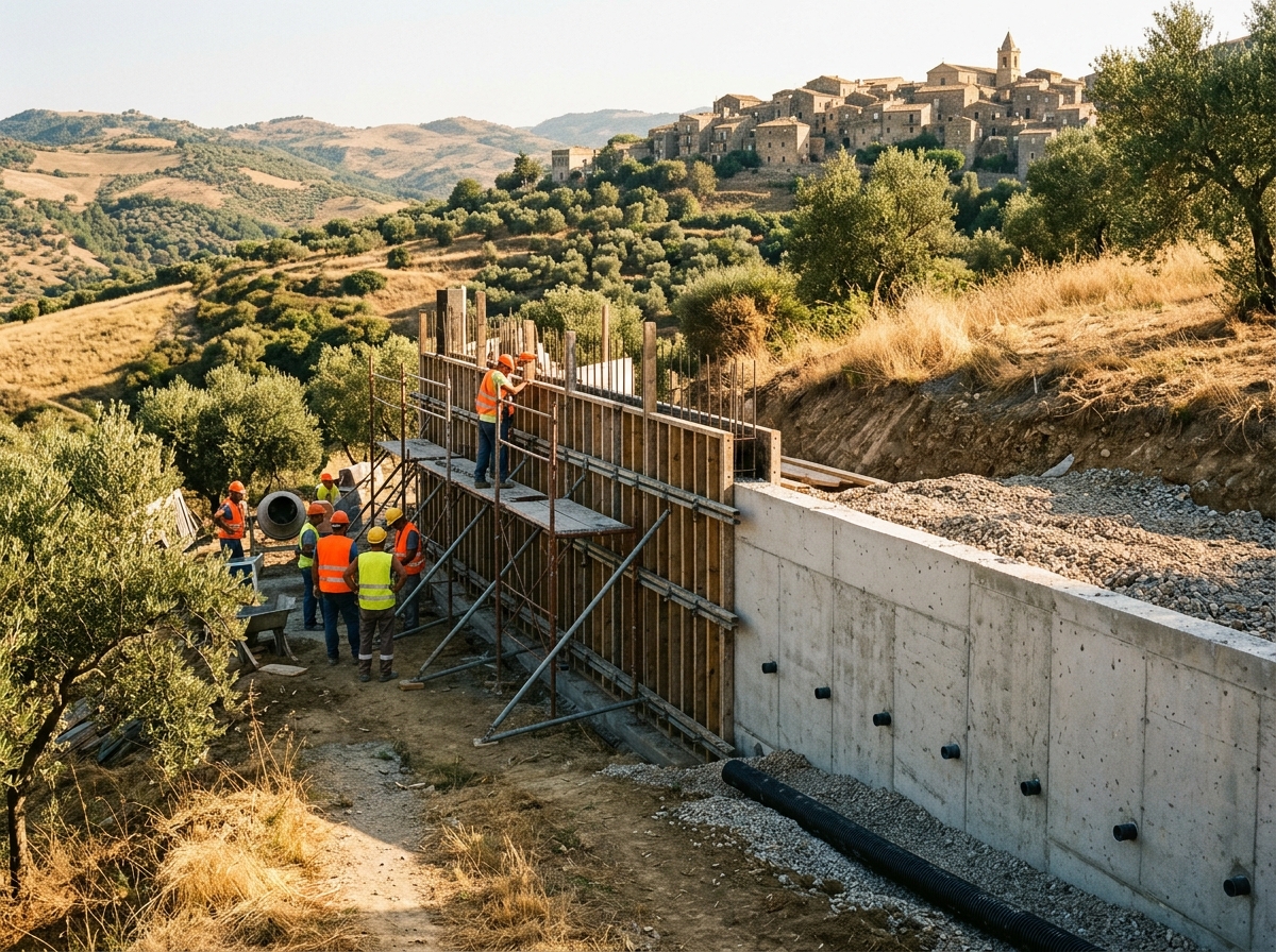 Muro di contenimento in cemento armato in costruzione su un terreno in pendenza tra gli ulivi, con casseri, barbacani e materiale drenante, sotto un paese dell'entroterra siciliano.