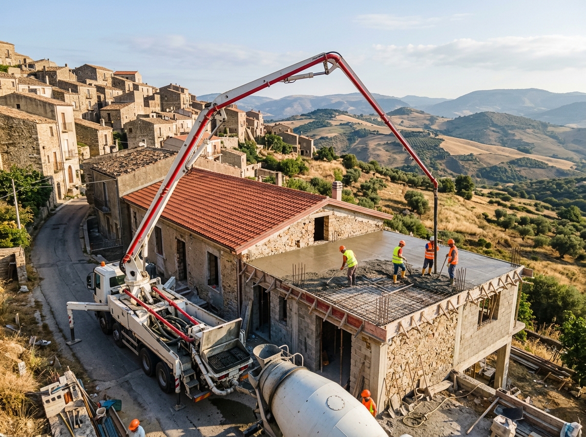 Autopompa con braccio che getta il calcestruzzo sul solaio di una casa in costruzione in un paese dell'entroterra siciliano, con l'autobetoniera accostata alla tramoggia.