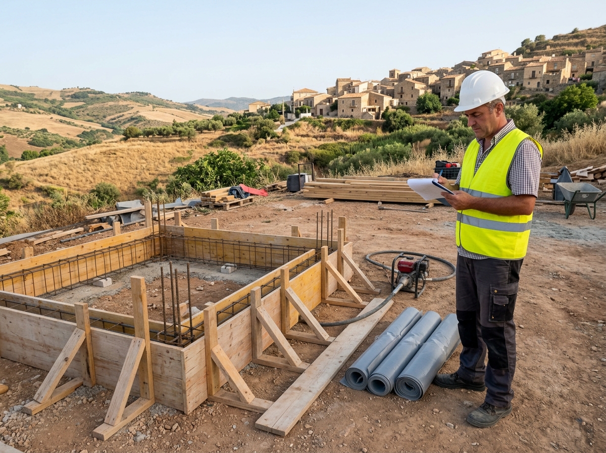 Capocantiere che controlla la lista prima del getto accanto a casseri in legno, armature, vibratore e teli per la stagionatura, in un cantiere dell'entroterra siciliano.