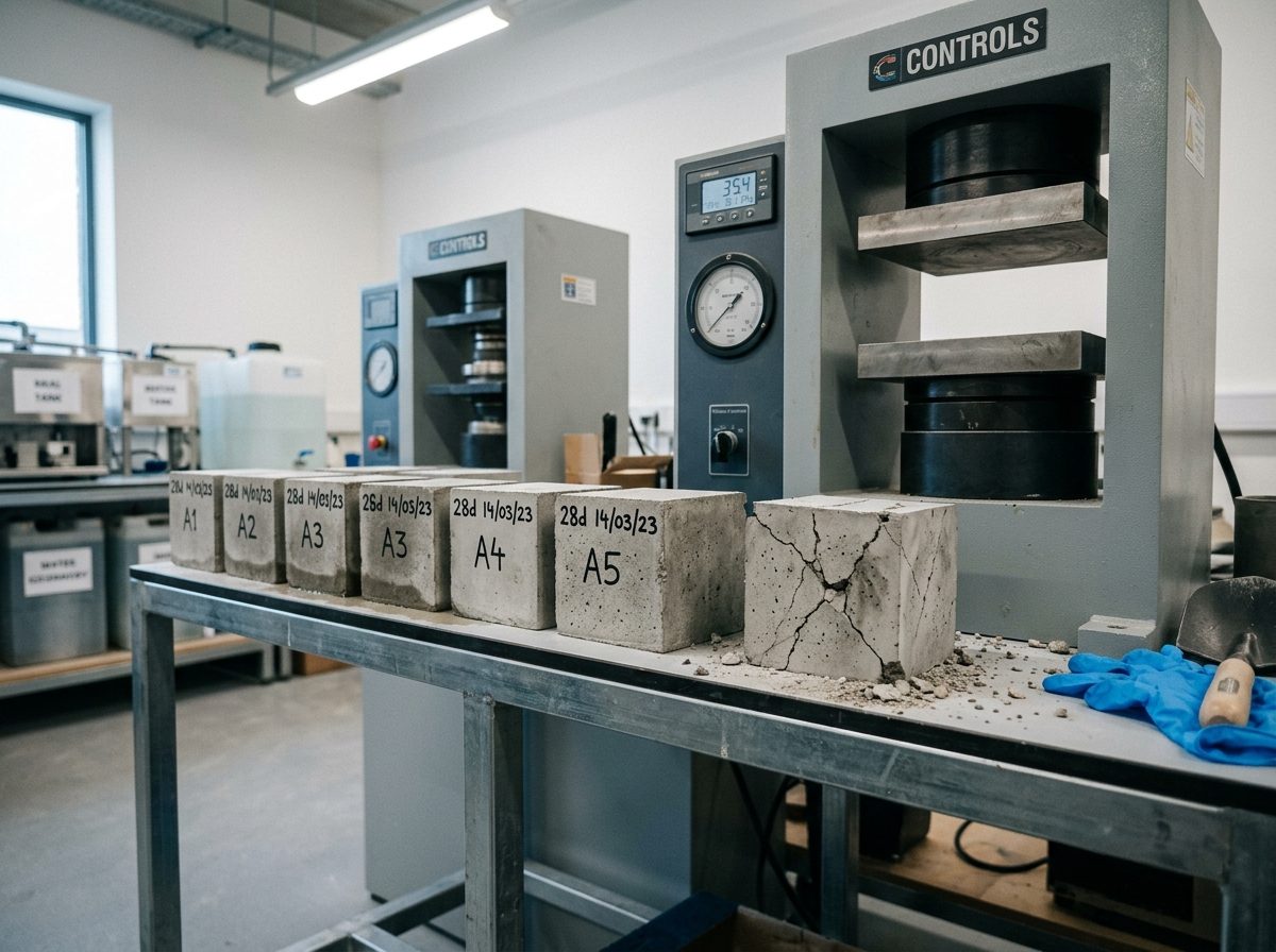 Provini cubici di calcestruzzo in laboratorio accanto alla pressa per la prova di resistenza a compressione a 28 giorni.