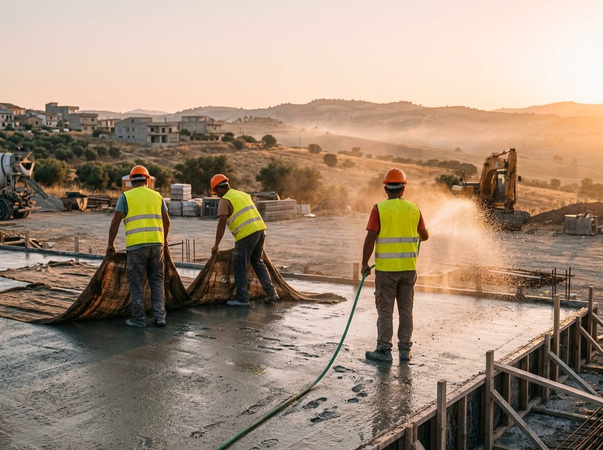 Operai con casco e gilet ad alta visibilità bagnano e coprono con teli umidi una soletta di calcestruzzo appena gettata, all'alba, in un cantiere in Sicilia.